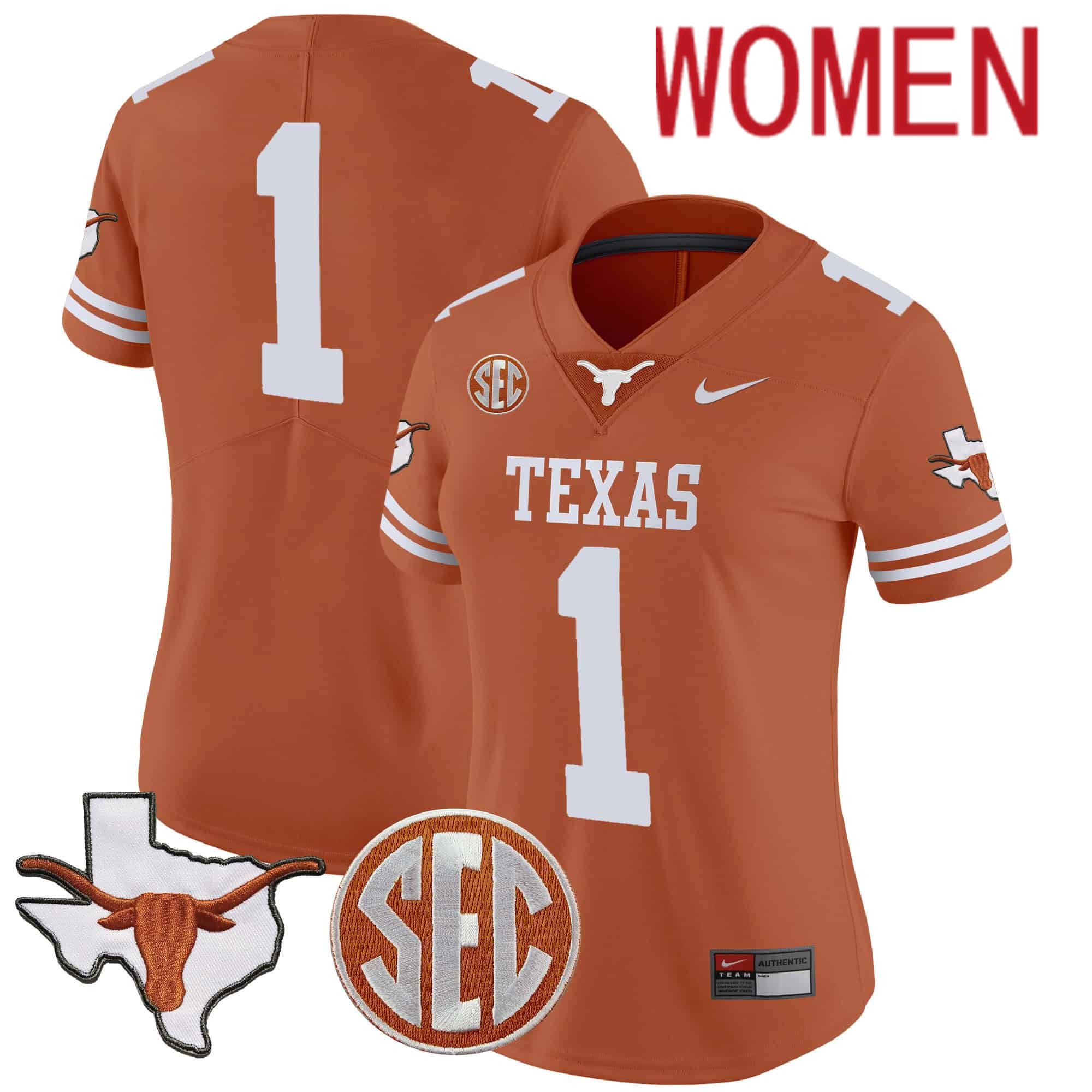 Women Texas Longhorns #1 No Name Orange 2024 Nike State Map & SEC Patch Vapor NCAA Jersey style 1